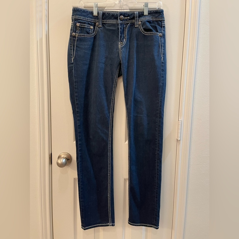 Miss Me Easy Skinny Dark‎ Denim Jeans 27 Embellished Contrast Stitch JE5657ESR